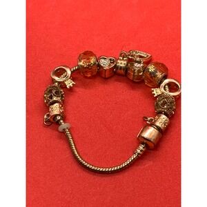 Unique Gold Tone Snake Chain Love Charm Bracelet Amber, Hearts Crown